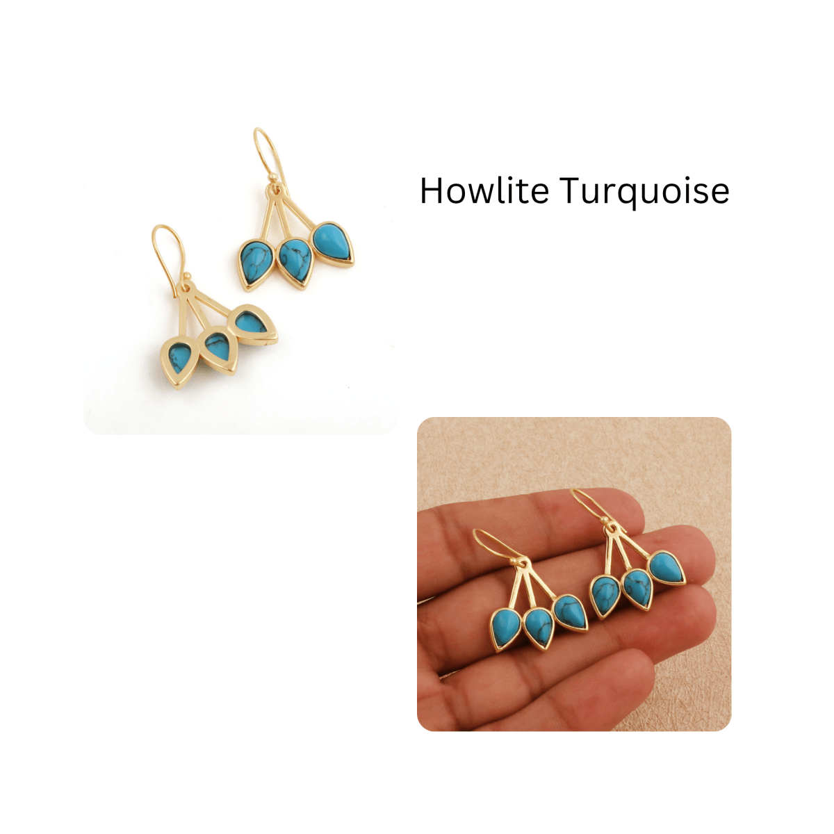 Emerald Gemstone Triple Teardrop Dangle Earrings, Gold Plated Jewelry CE - 1008