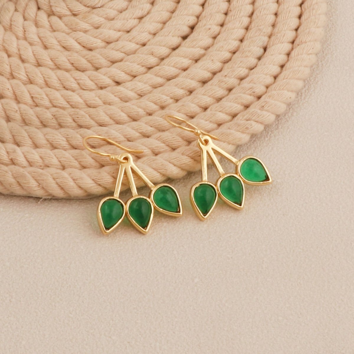 Emerald Gemstone Triple Teardrop Dangle Earrings, Gold Plated Jewelry CE - 1008