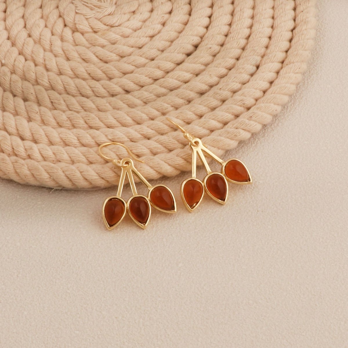 Emerald Gemstone Triple Teardrop Dangle Earrings, Gold Plated Jewelry CE - 1008