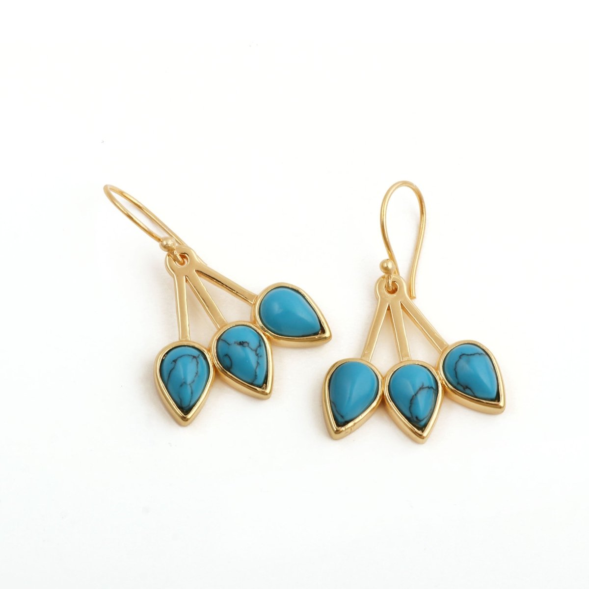 Emerald Gemstone Triple Teardrop Dangle Earrings, Gold Plated Jewelry CE - 1008