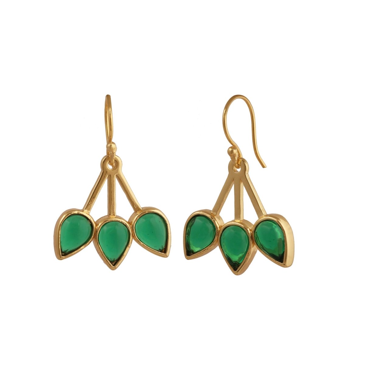 Emerald Gemstone Triple Teardrop Dangle Earrings, Gold Plated Jewelry CE - 1008