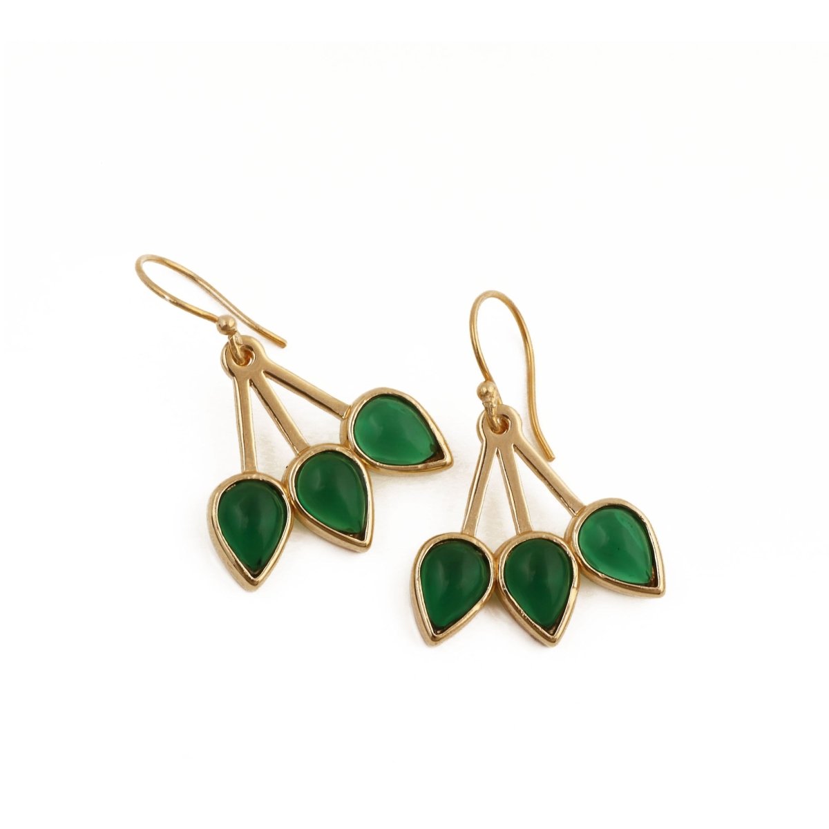 Emerald Gemstone Triple Teardrop Dangle Earrings, Gold Plated Jewelry CE - 1008