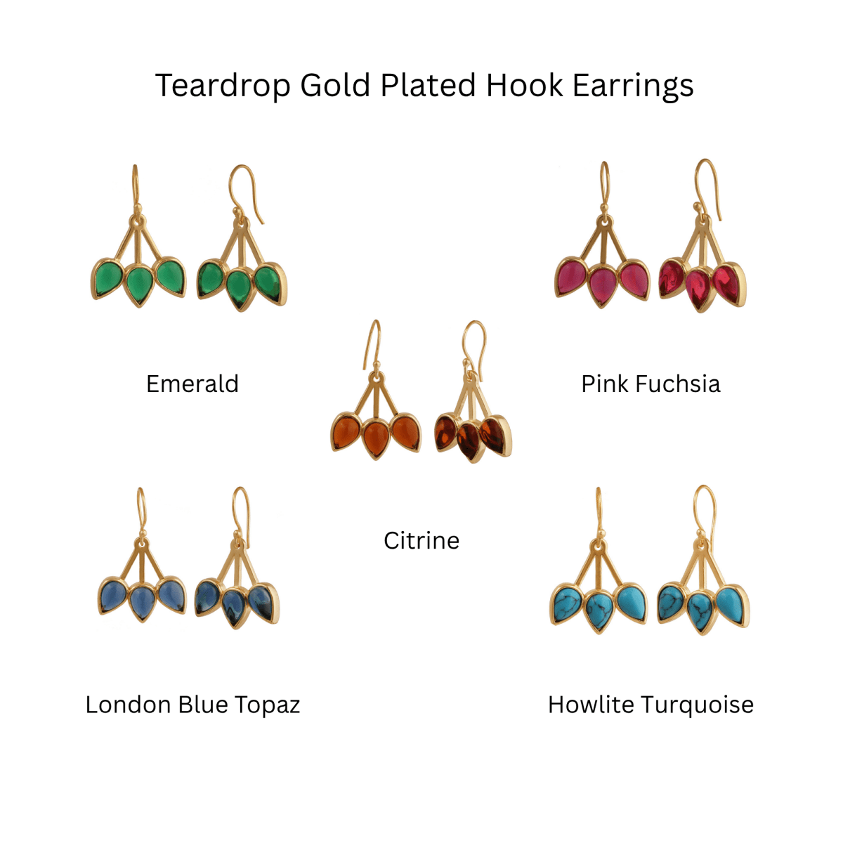 Emerald Gemstone Triple Teardrop Dangle Earrings, Gold Plated Jewelry CE - 1008