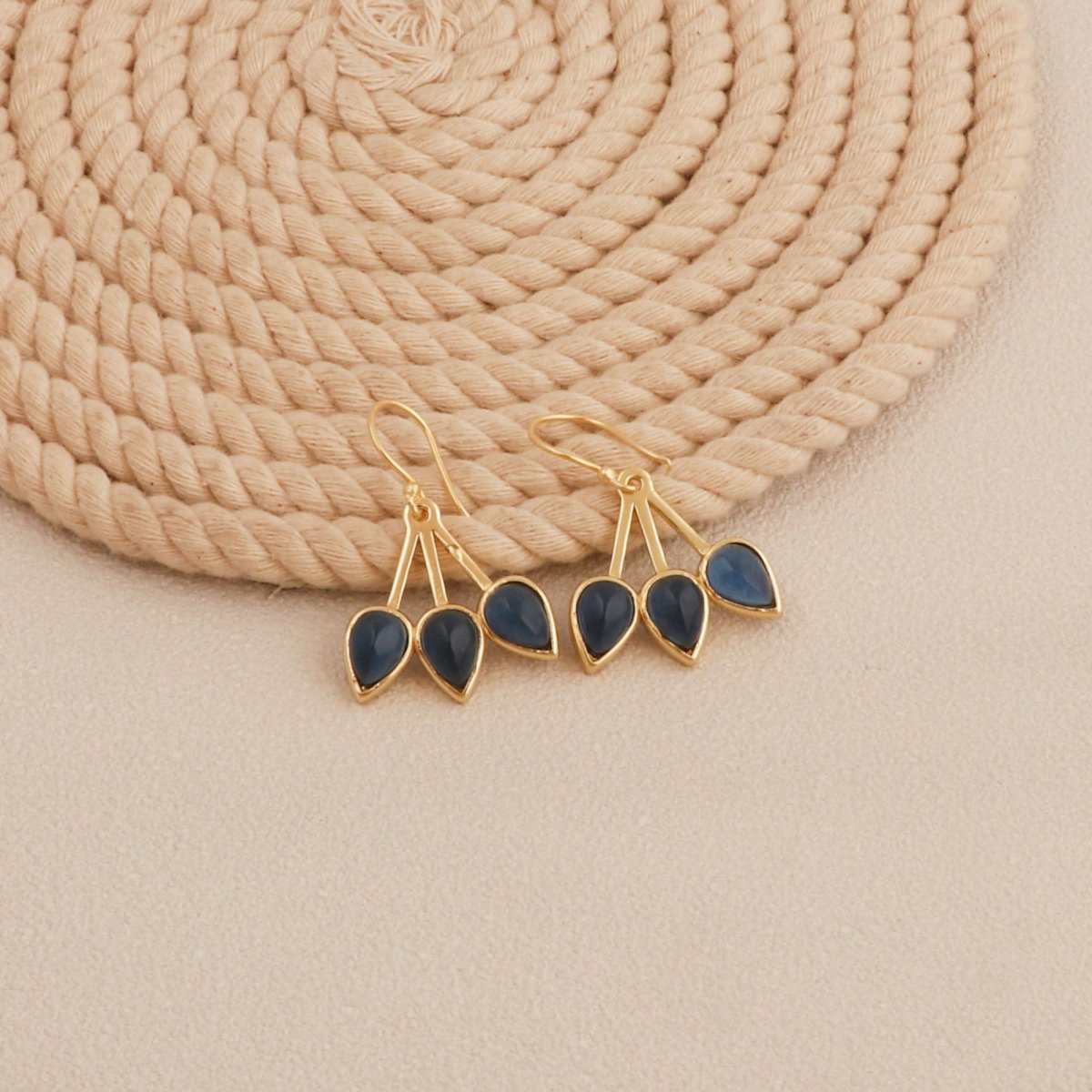 Emerald Gemstone Triple Teardrop Dangle Earrings, Gold Plated Jewelry CE - 1008