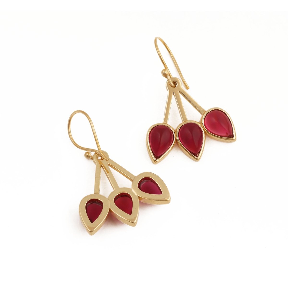 Emerald Gemstone Triple Teardrop Dangle Earrings, Gold Plated Jewelry CE - 1008