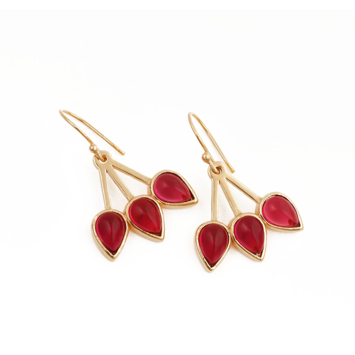 Emerald Gemstone Triple Teardrop Dangle Earrings, Gold Plated Jewelry CE - 1008