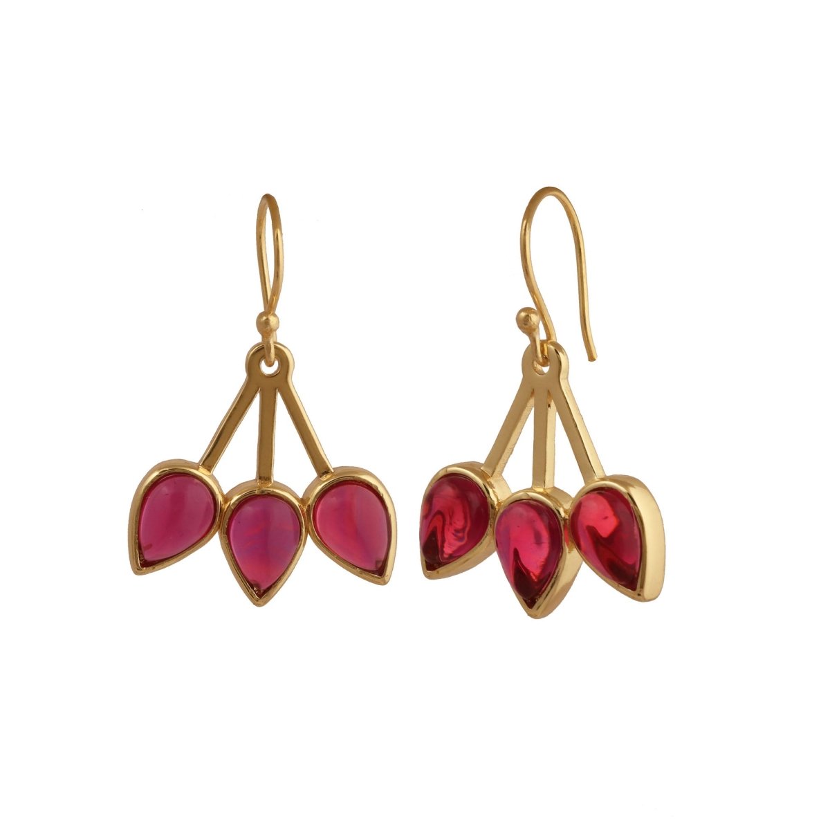Emerald Gemstone Triple Teardrop Dangle Earrings, Gold Plated Jewelry CE - 1008