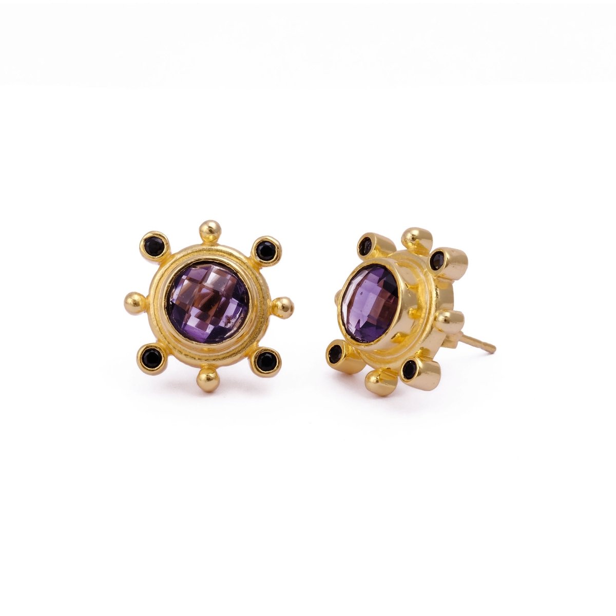 Emerald Quartz Gemstone Earring Studs, Push Back Studs, Gold Plated Round Faceted Studs Amethyst