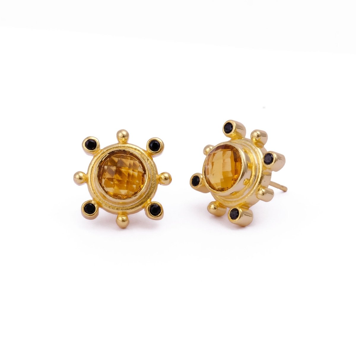 Emerald Quartz Gemstone Earring Studs, Push Back Studs, Gold Plated Round Faceted Studs