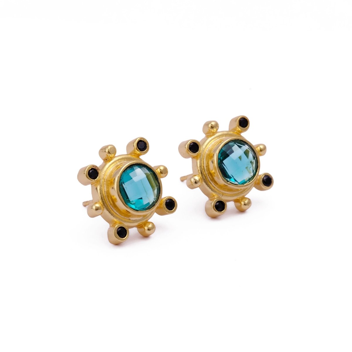Emerald Quartz Gemstone Earring Studs, Push Back Studs, Gold Plated Round Faceted Studs
