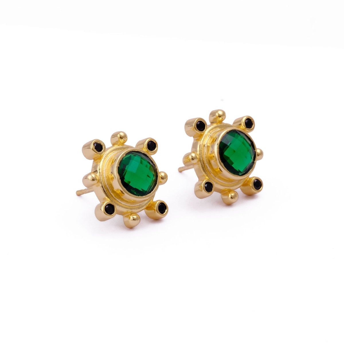Emerald Quartz Gemstone Earring Studs, Push Back Studs, Gold Plated Round Faceted Studs
