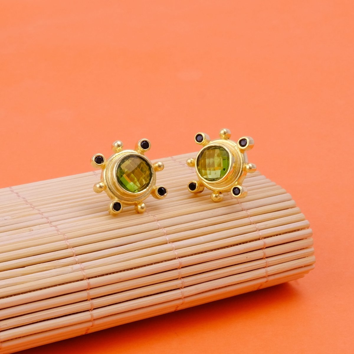 Emerald Quartz Gemstone Earring Studs, Push Back Studs, Gold Plated Round Faceted Studs