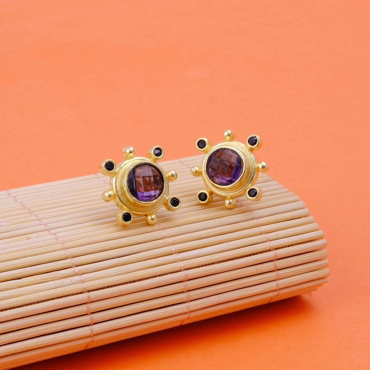 Emerald Quartz Gemstone Earring Studs, Push Back Studs, Gold Plated Round Faceted Studs