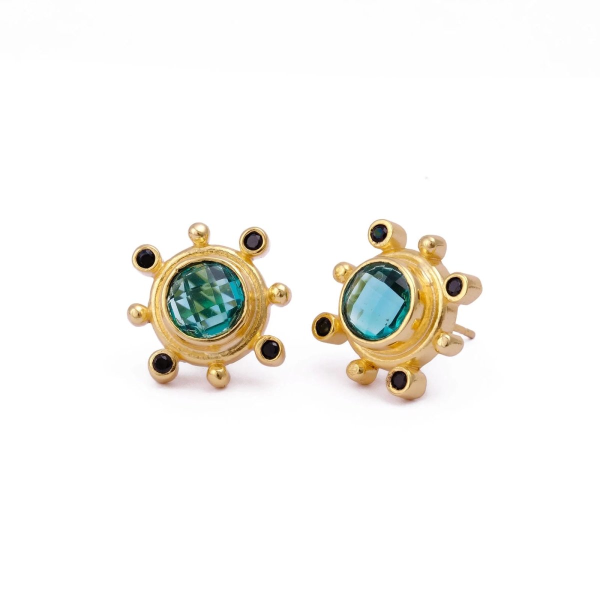 Emerald Quartz Gemstone Earring Studs, Push Back Studs, Gold Plated Round Faceted Studs