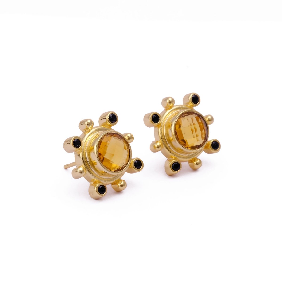 Emerald Quartz Gemstone Earring Studs, Push Back Studs, Gold Plated Round Faceted Studs