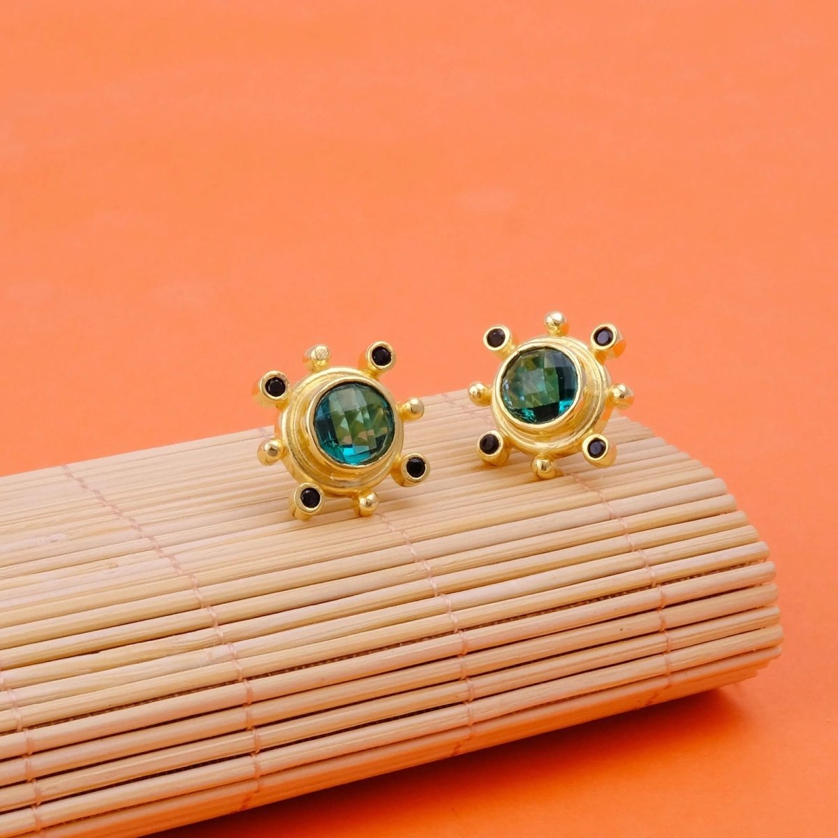 Emerald Quartz Gemstone Earring Studs, Push Back Studs, Gold Plated Round Faceted Studs
