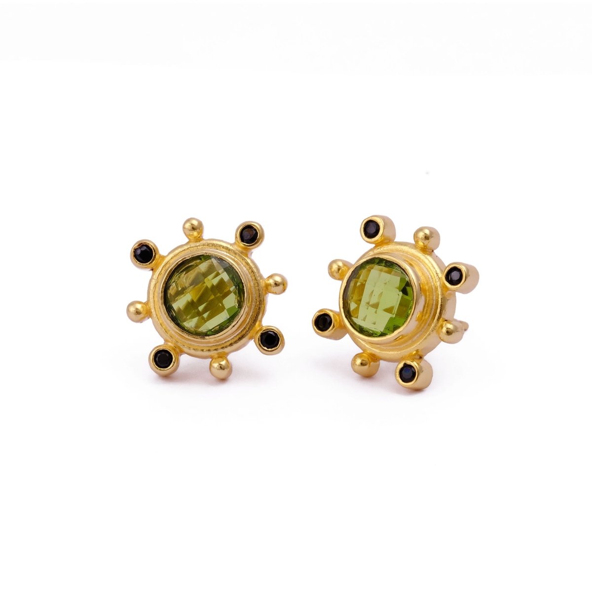 Emerald Quartz Gemstone Earring Studs, Push Back Studs, Gold Plated Round Faceted Studs Peridot