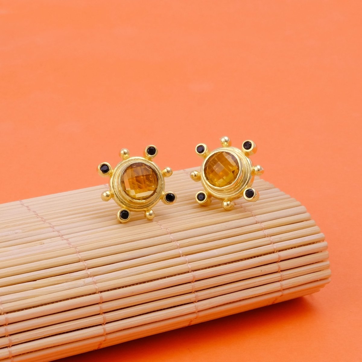 Emerald Quartz Gemstone Earring Studs, Push Back Studs, Gold Plated Round Faceted Studs