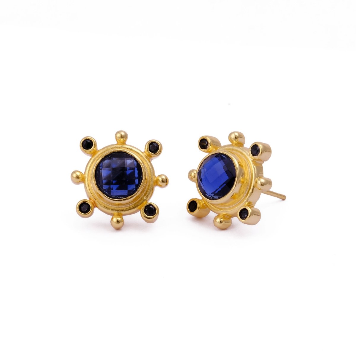 Emerald Quartz Gemstone Earring Studs, Push Back Studs, Gold Plated Round Faceted Studs
