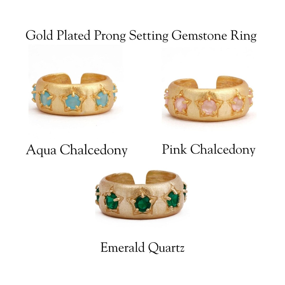 Emerald Quartz Ring Gold Plated Prong Setting Gemstone Adjustable Open Band Ring