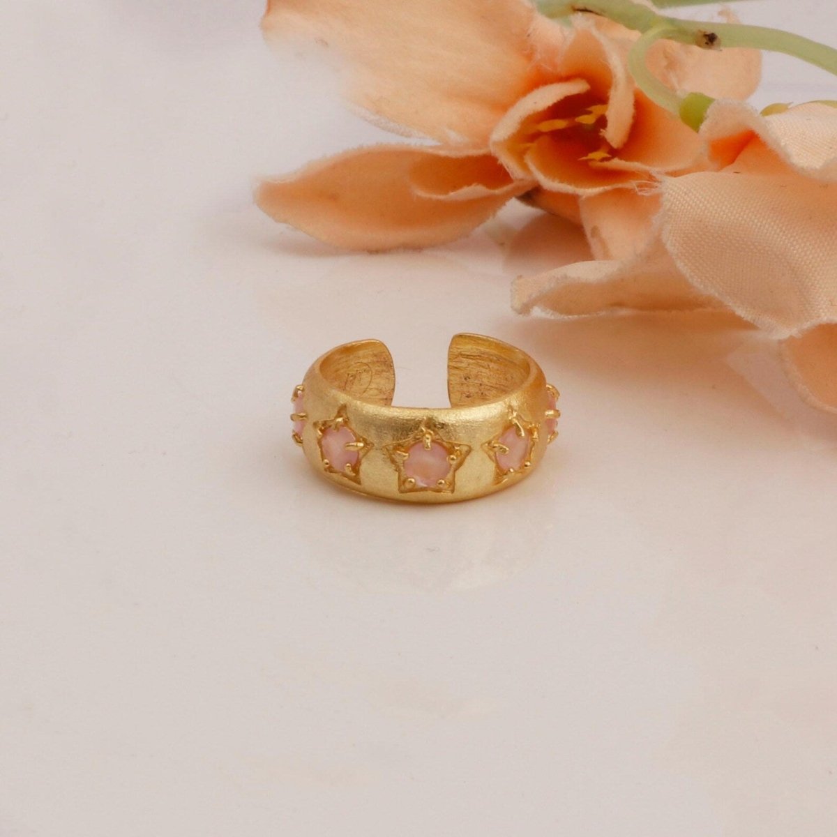 Emerald Quartz Ring Gold Plated Prong Setting Gemstone Adjustable Open Band Ring