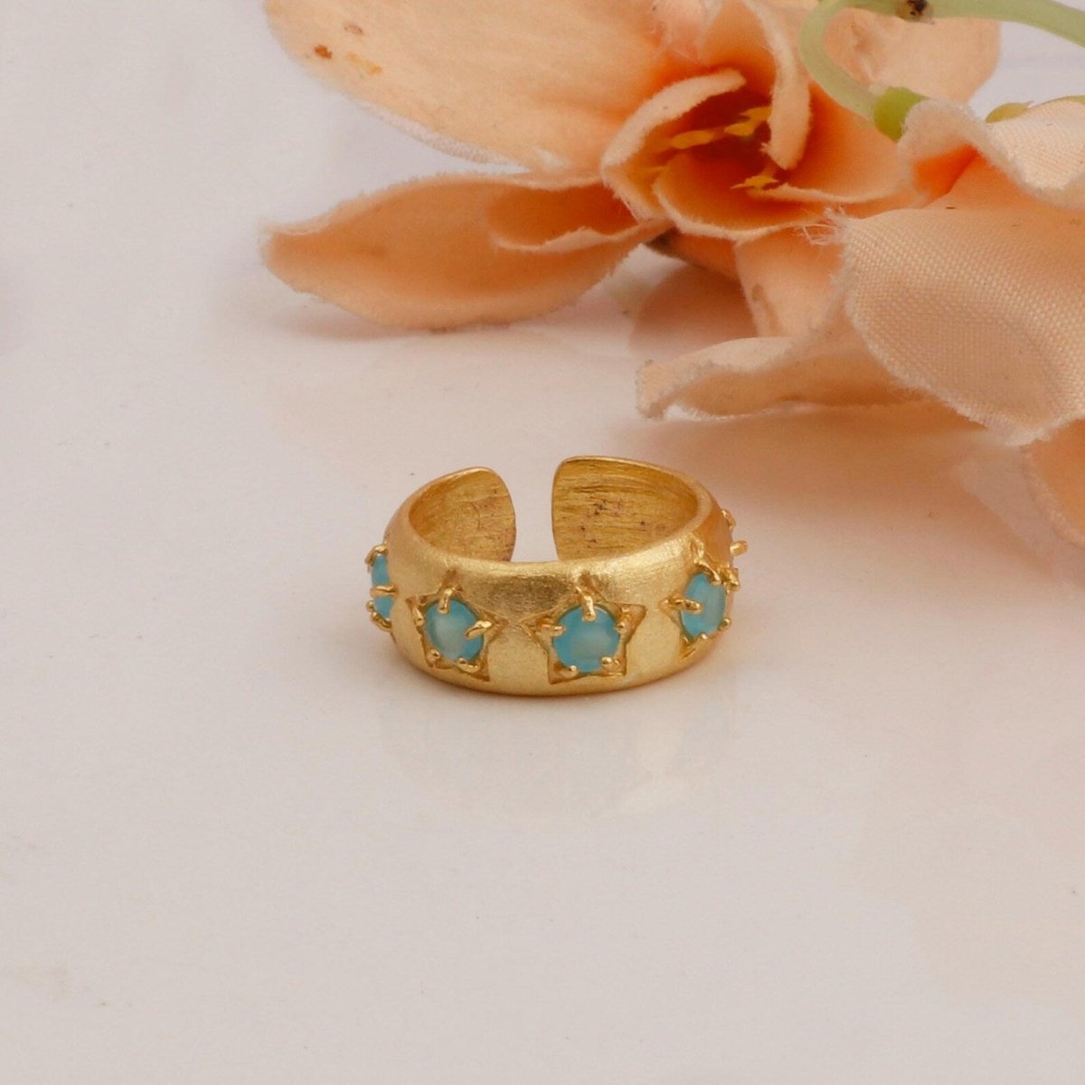 Emerald Quartz Ring Gold Plated Prong Setting Gemstone Adjustable Open Band Ring