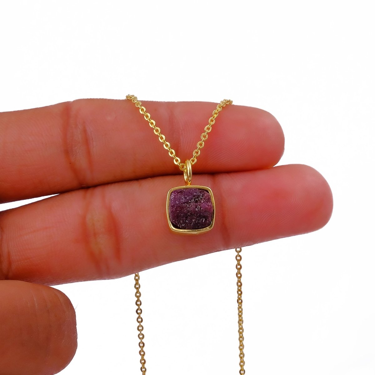 Emerald Raw Gemstone Pendants, Cushion Shape Gold Plated Charm Necklace CN - 1002