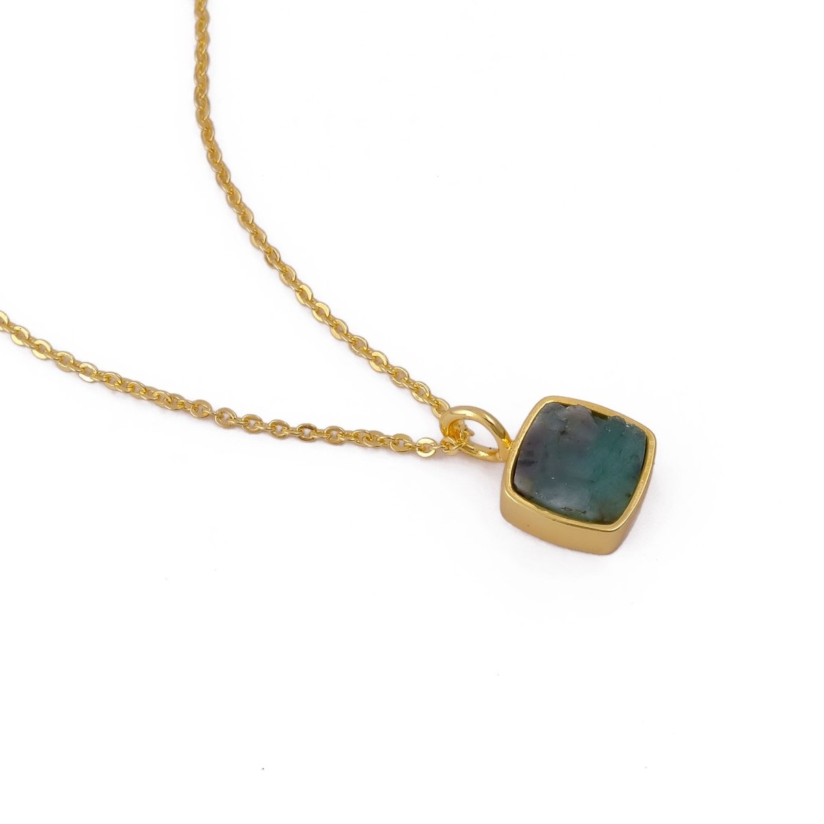 Emerald Raw Gemstone Pendants, Cushion Shape Gold Plated Charm Necklace CN - 1002