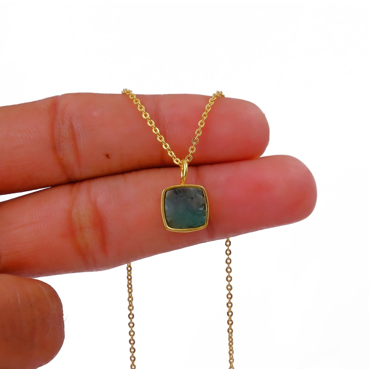 Emerald Raw Gemstone Pendants, Cushion Shape Gold Plated Charm Necklace CN - 1002