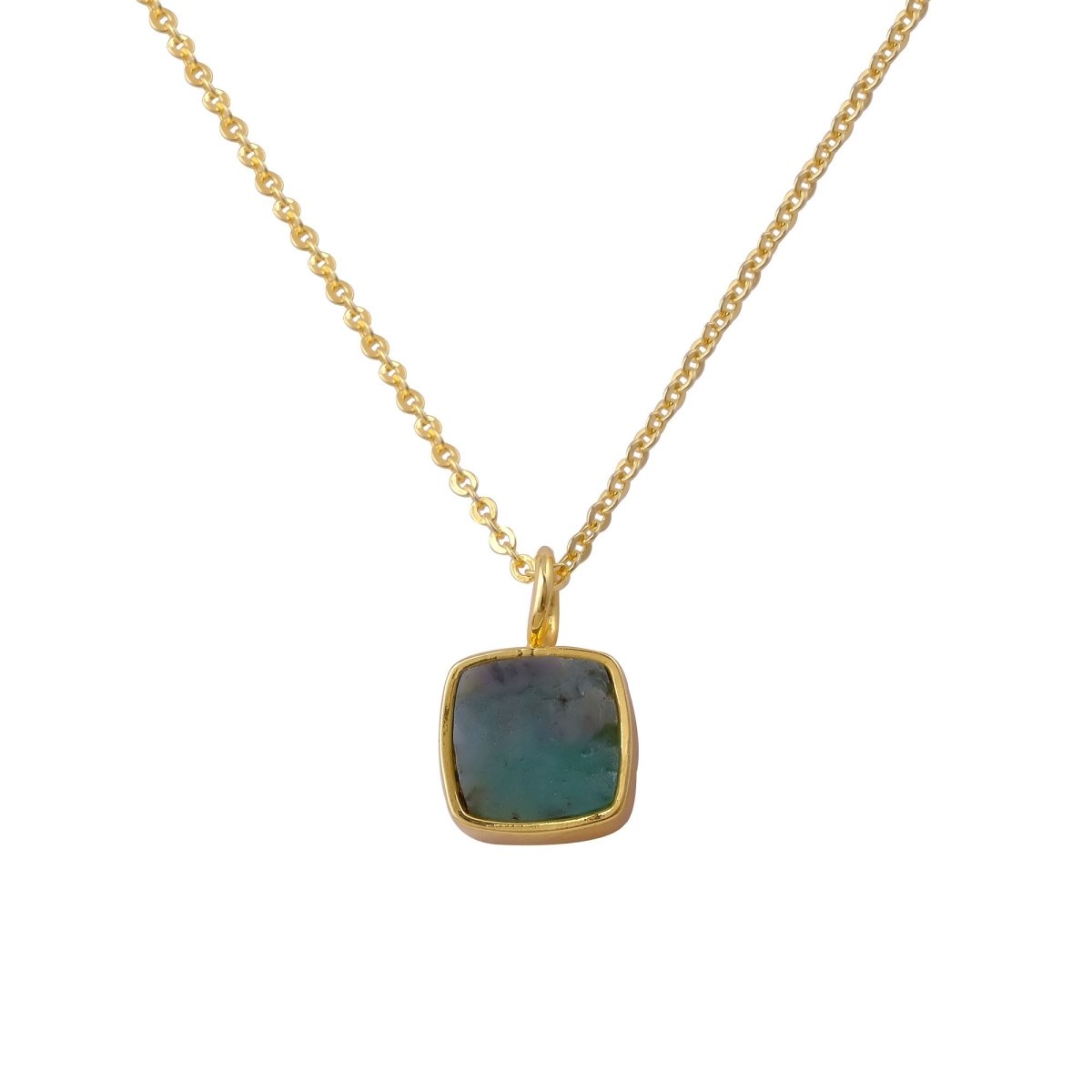 Emerald Raw Gemstone Pendants, Cushion Shape Gold Plated Charm Necklace CN - 1002