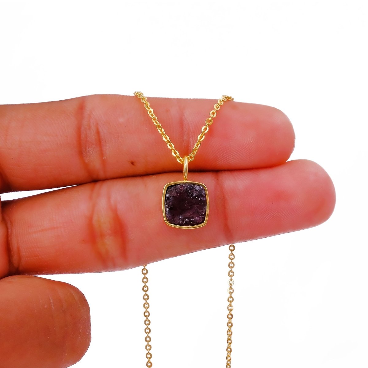 Emerald Raw Gemstone Pendants, Cushion Shape Gold Plated Charm Necklace CN - 1002