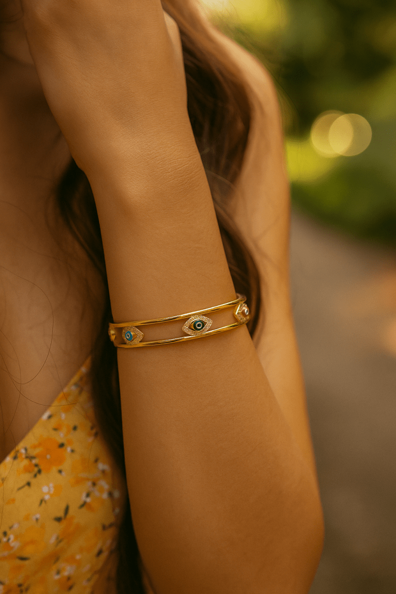 Enamel Evil Eye Bangle Double Line Adjustable Bangle Gold Plated Jewelry