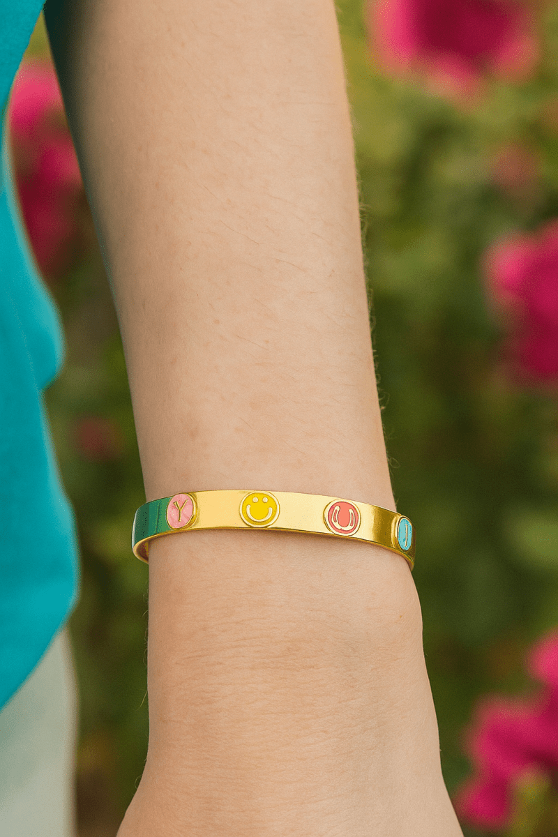 Enameled Smiley Gold Plated Bangle Aesthetic Adjustable Jewelry