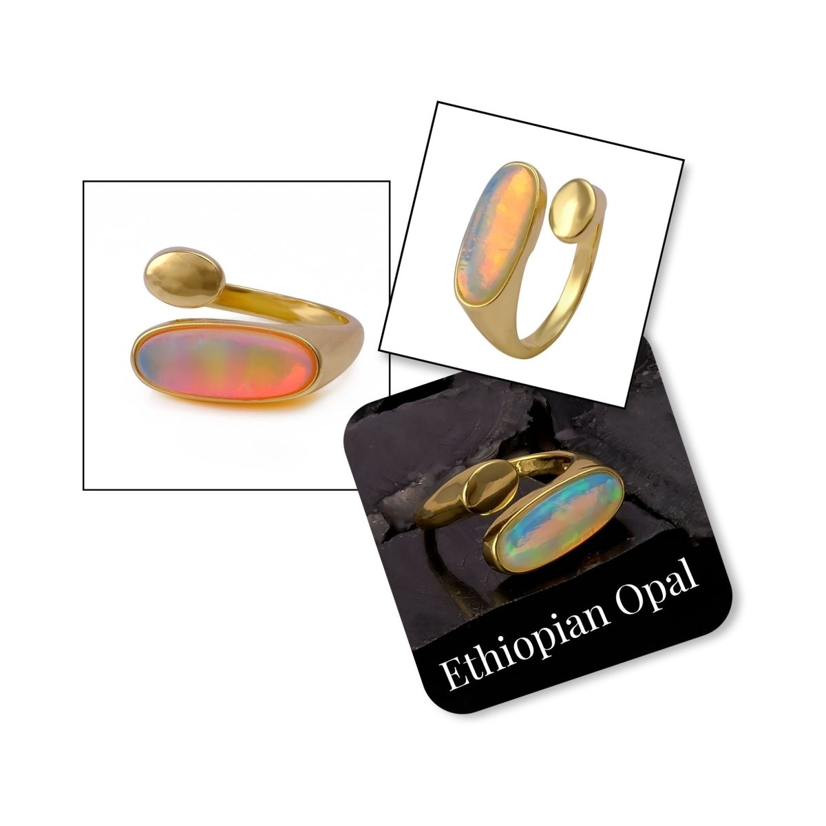 Ethiopian Opal Gemstone Open Ring, Gold Plated Adjustable Rings for Women CR - 1005