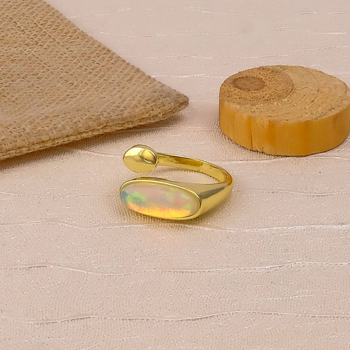 Ethiopian Opal Gemstone Open Ring, Gold Plated Adjustable Rings for Women CR - 1005