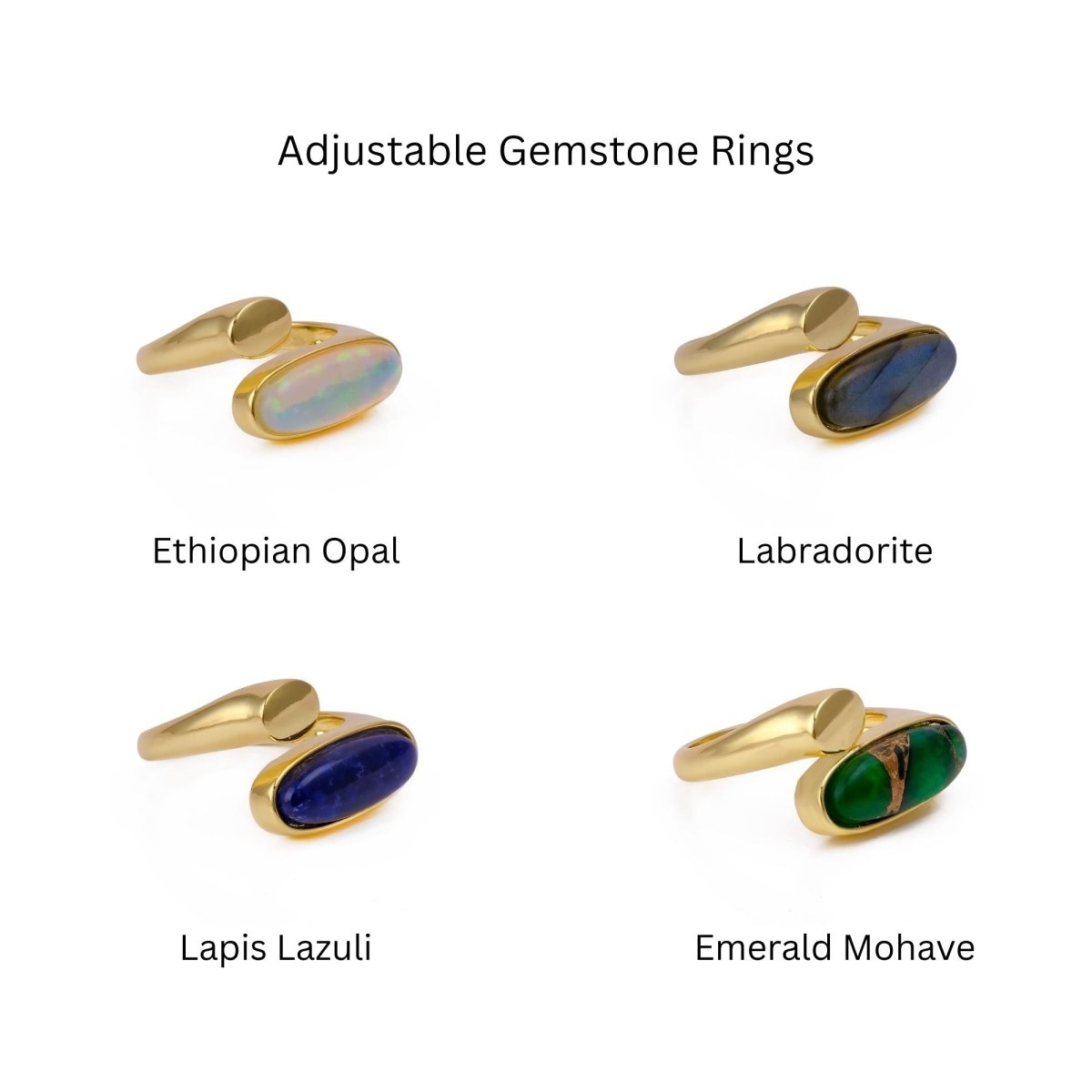 Ethiopian Opal Gemstone Open Ring, Gold Plated Adjustable Rings for Women CR - 1005