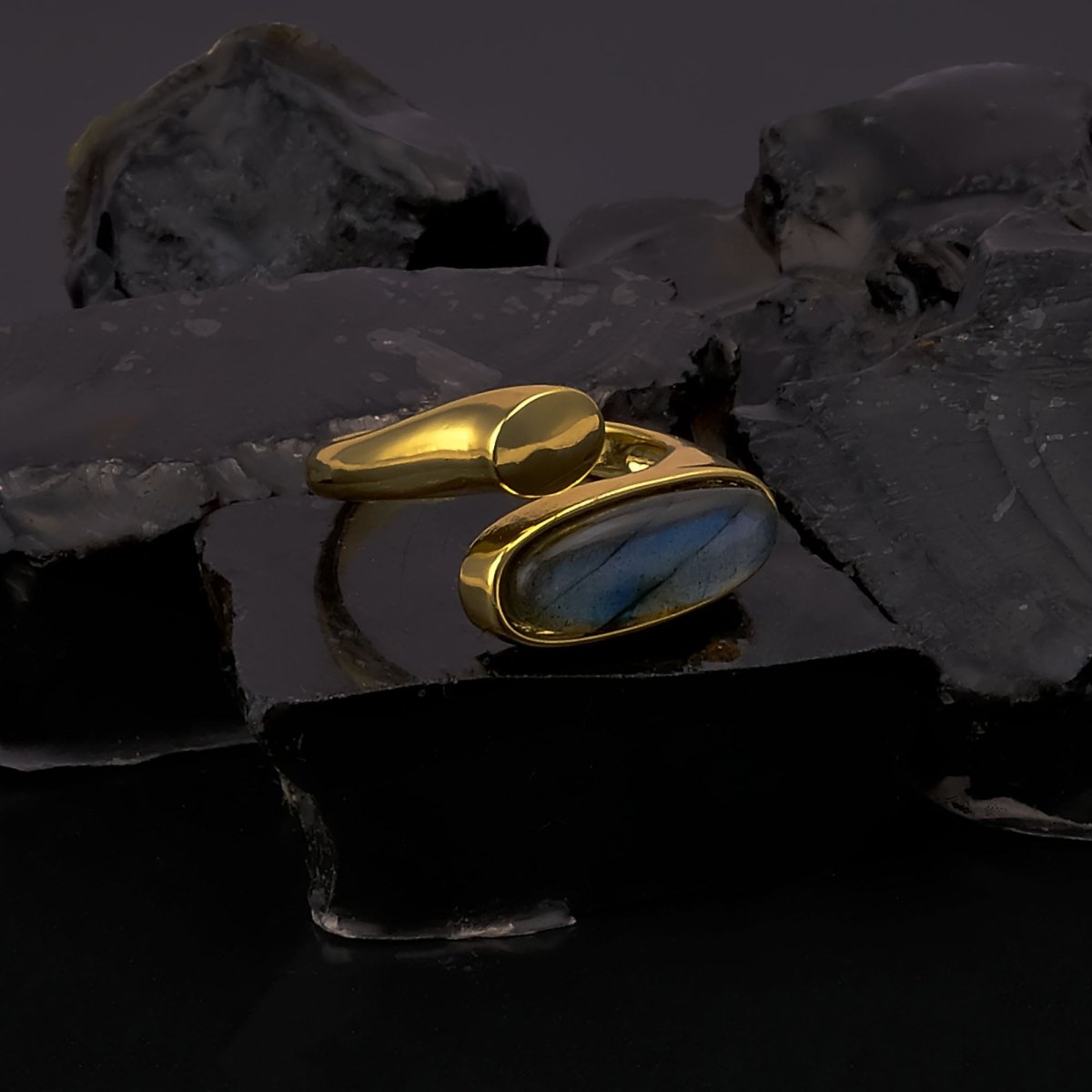 Ethiopian Opal Gemstone Open Ring, Gold Plated Adjustable Rings for Women CR - 1005
