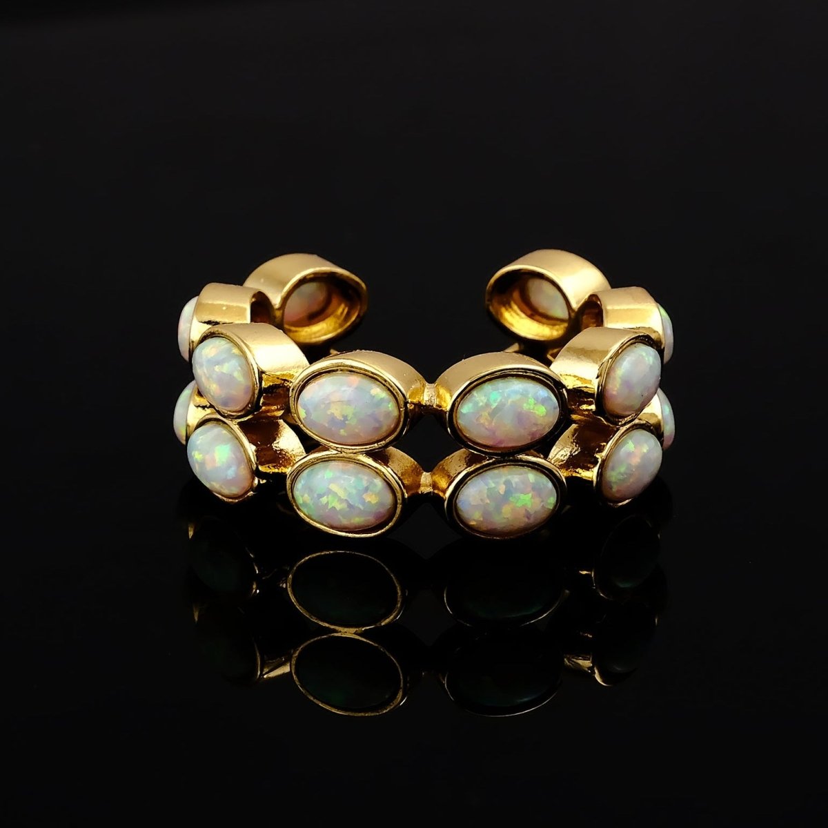 Ethiopian Opal Oval Open Cuff Ring, Adjustable Gold Plated Jewelry CE - 1028