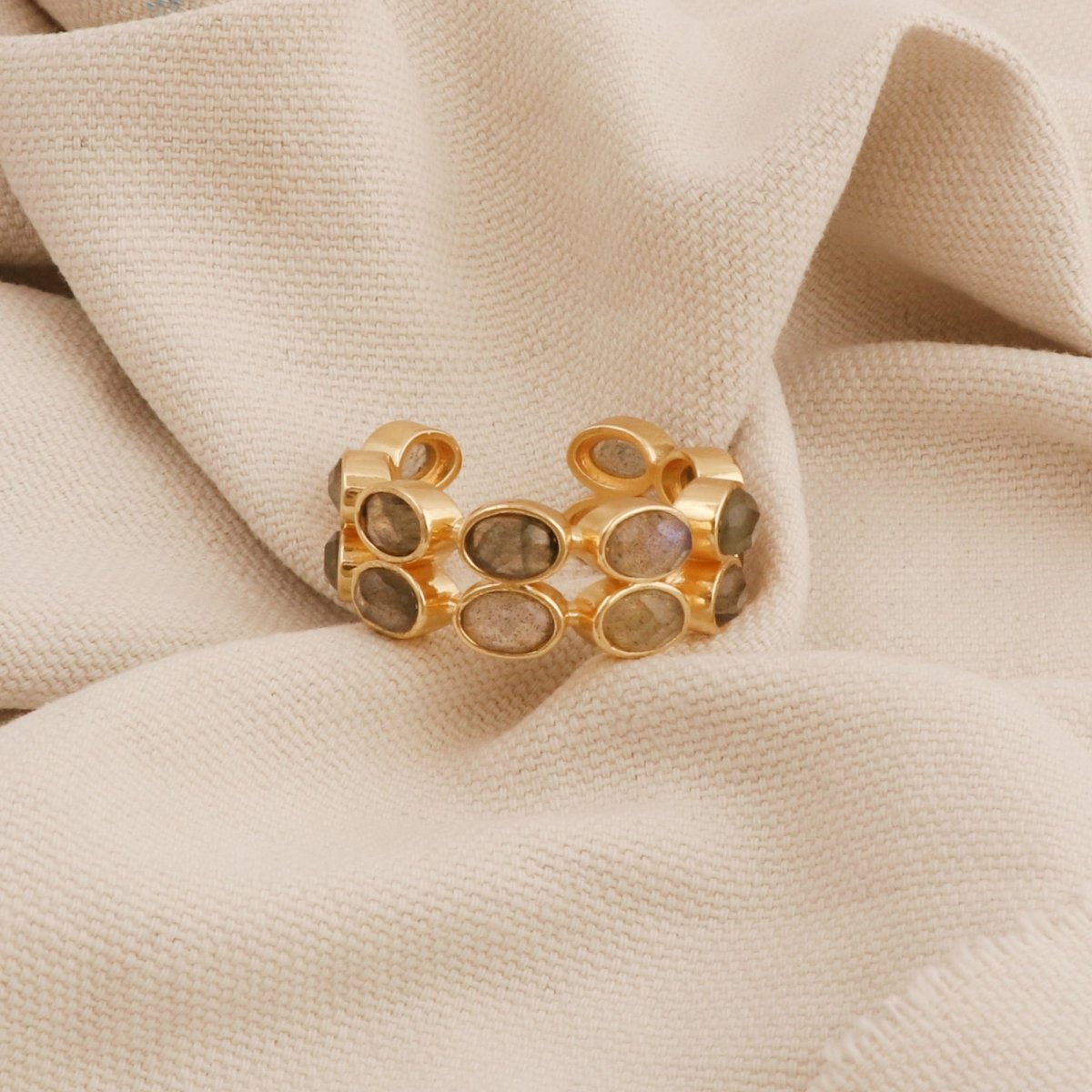 Ethiopian Opal Oval Open Cuff Ring, Adjustable Gold Plated Jewelry CE - 1028