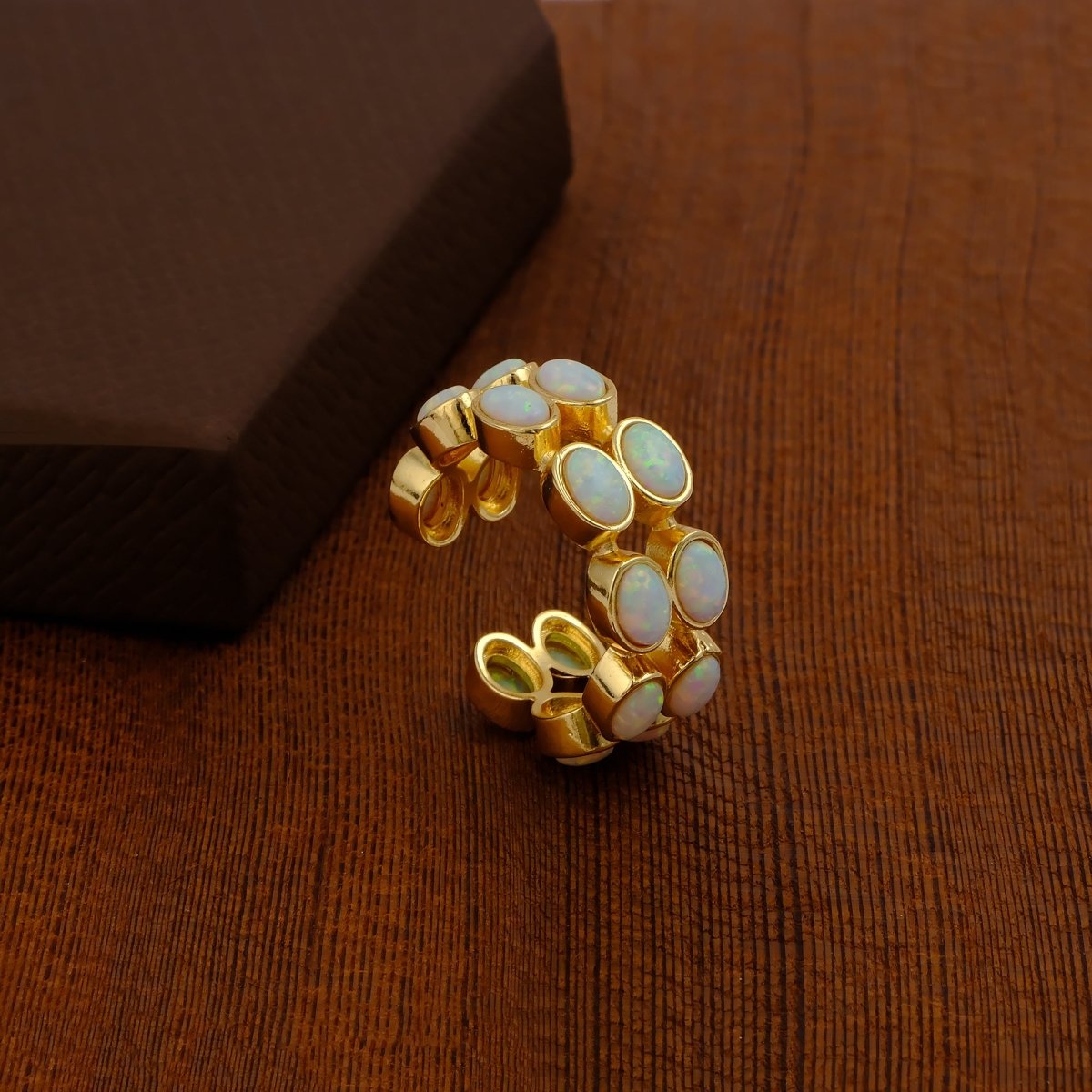 Ethiopian Opal Oval Open Cuff Ring, Adjustable Gold Plated Jewelry CE - 1028