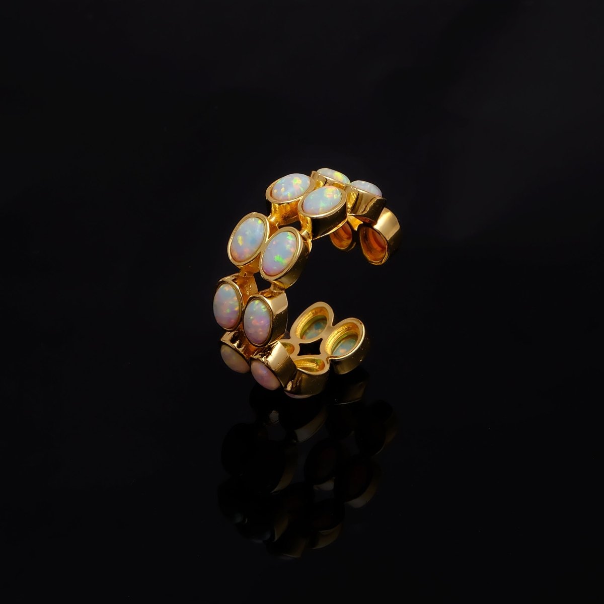 Ethiopian Opal Oval Open Cuff Ring, Adjustable Gold Plated Jewelry CE - 1028