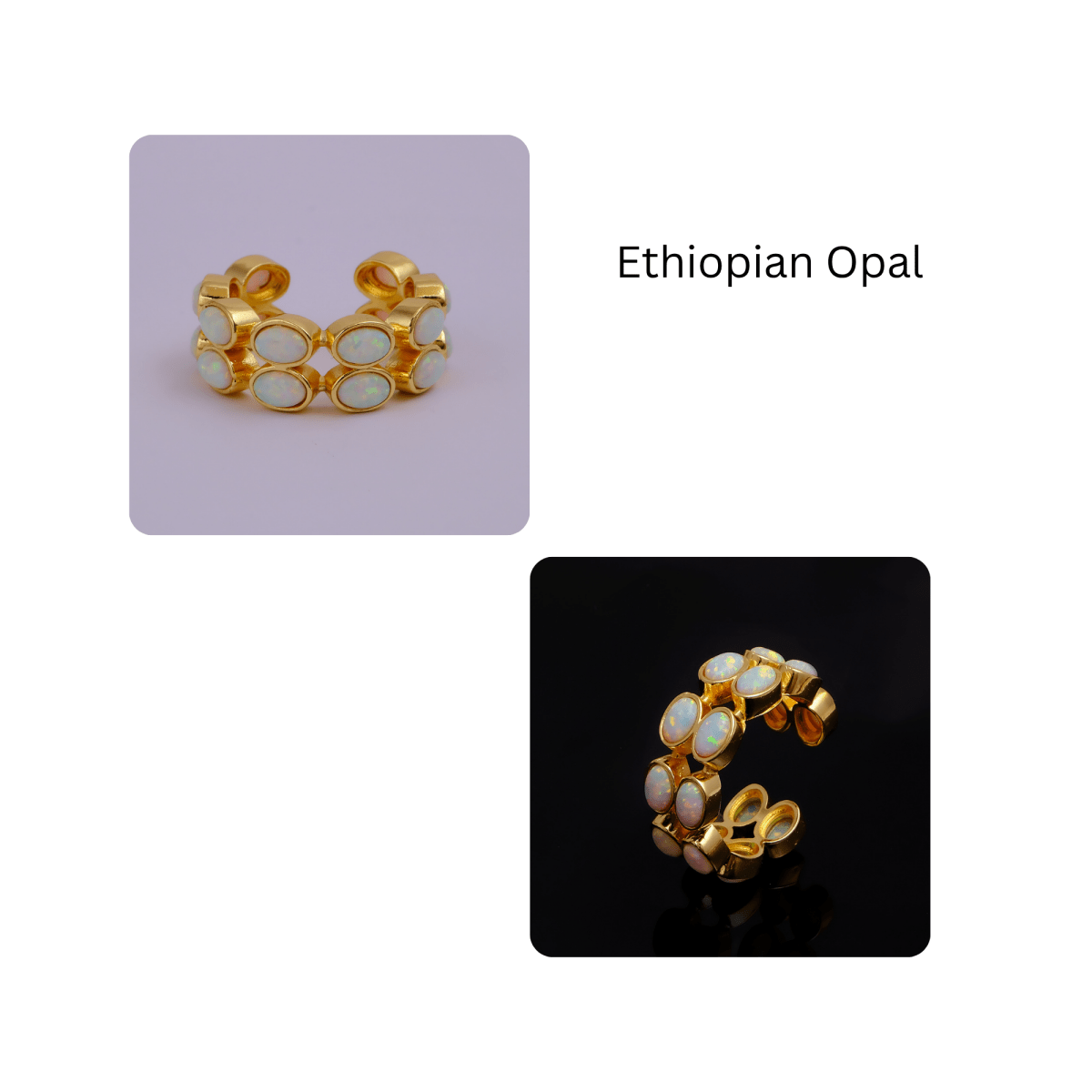 Ethiopian Opal Oval Open Cuff Ring, Adjustable Gold Plated Jewelry CE - 1028