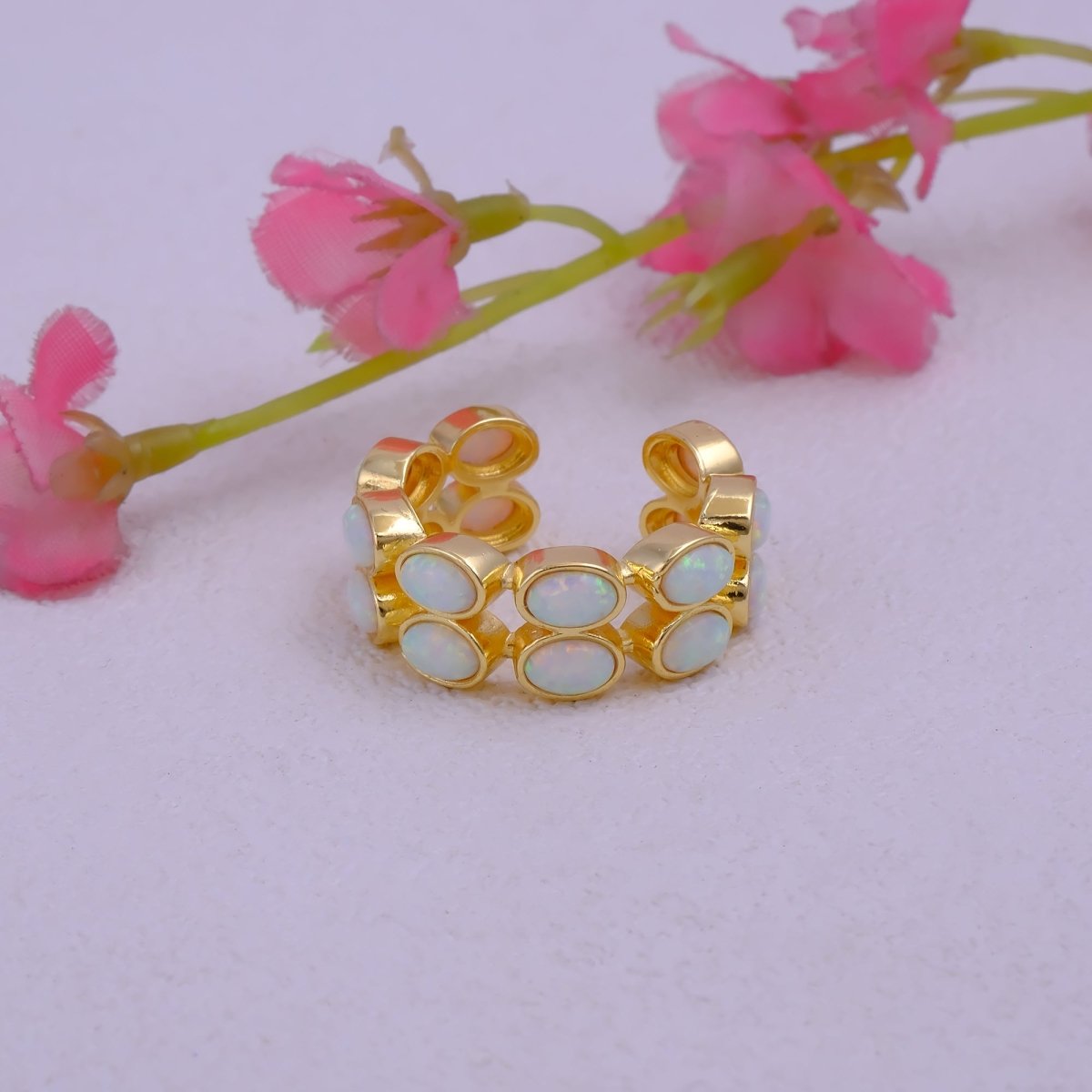 Ethiopian Opal Oval Open Cuff Ring, Adjustable Gold Plated Jewelry CE - 1028