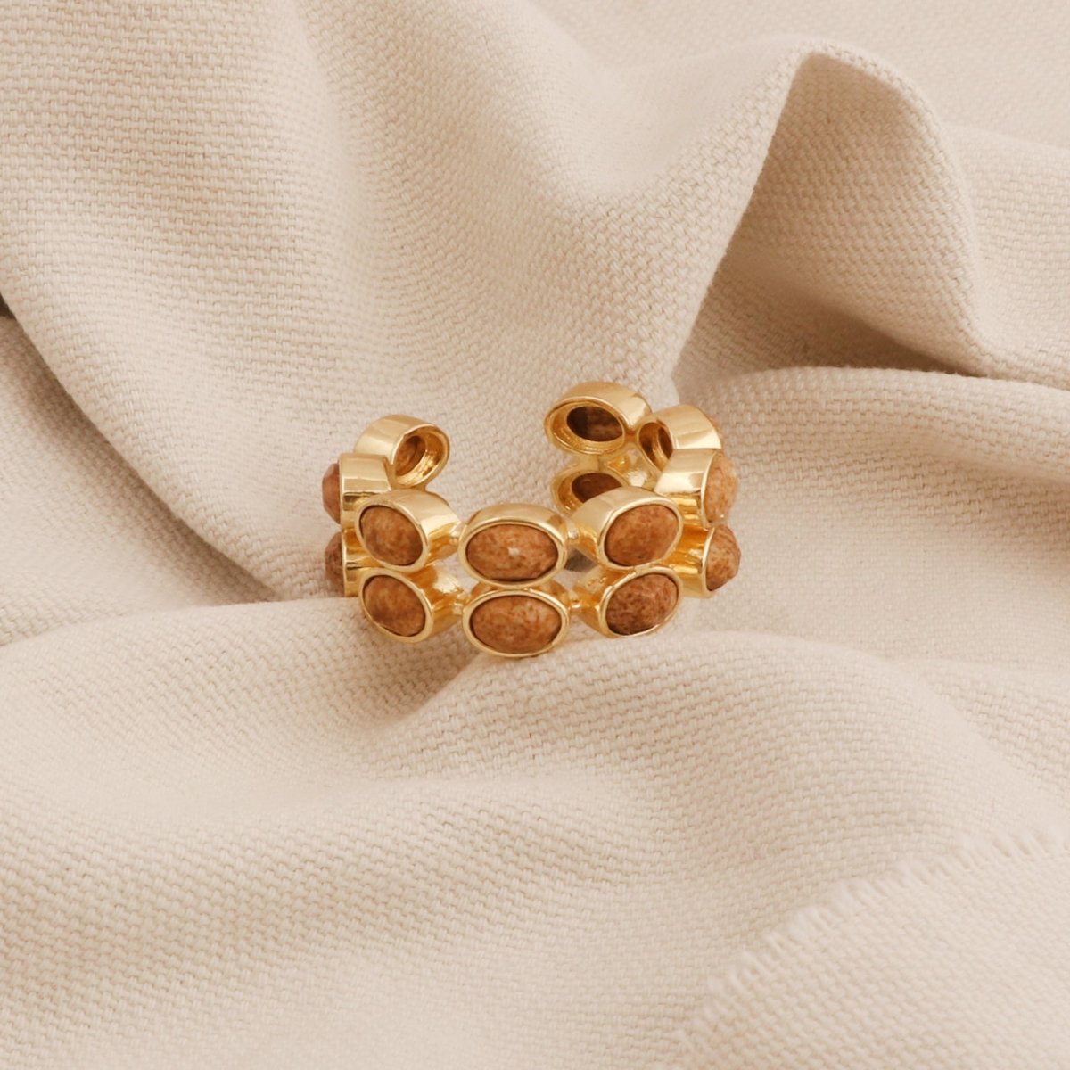 Ethiopian Opal Oval Open Cuff Ring, Adjustable Gold Plated Jewelry CE - 1028