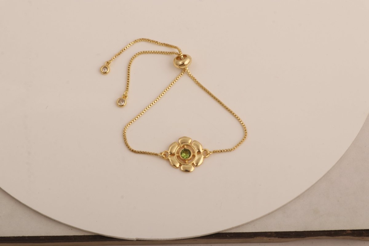 Faceted Apatite Gemstone Floral Slider Bracelet, Gold - Plated Brass Adjustable Chain 5092
