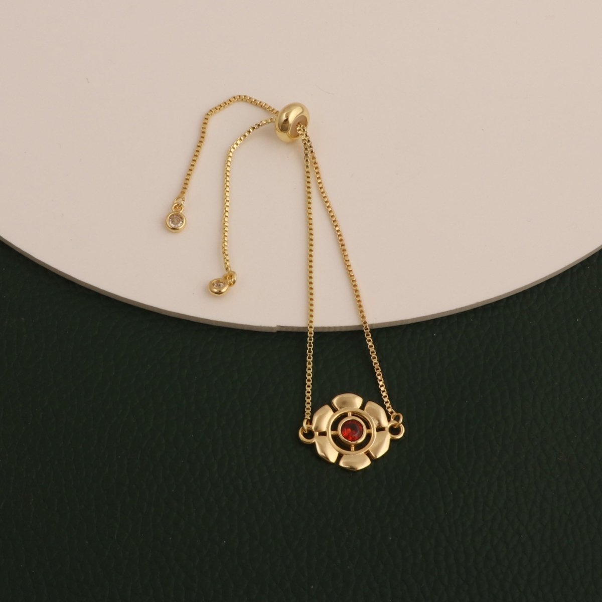 Faceted Apatite Gemstone Floral Slider Bracelet, Gold - Plated Brass Adjustable Chain 5092