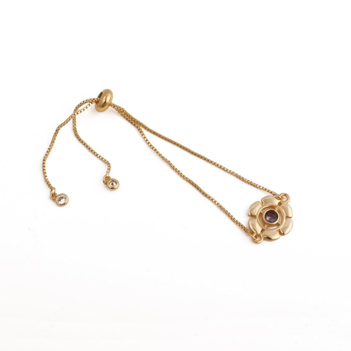 Faceted Apatite Gemstone Floral Slider Bracelet, Gold - Plated Brass Adjustable Chain 5092