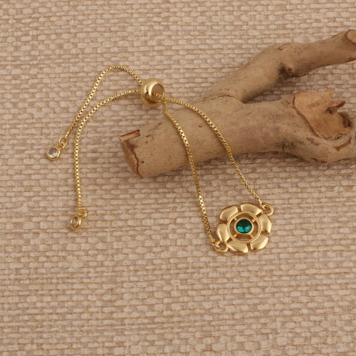 Faceted Apatite Gemstone Floral Slider Bracelet, Gold - Plated Brass Adjustable Chain 5092
