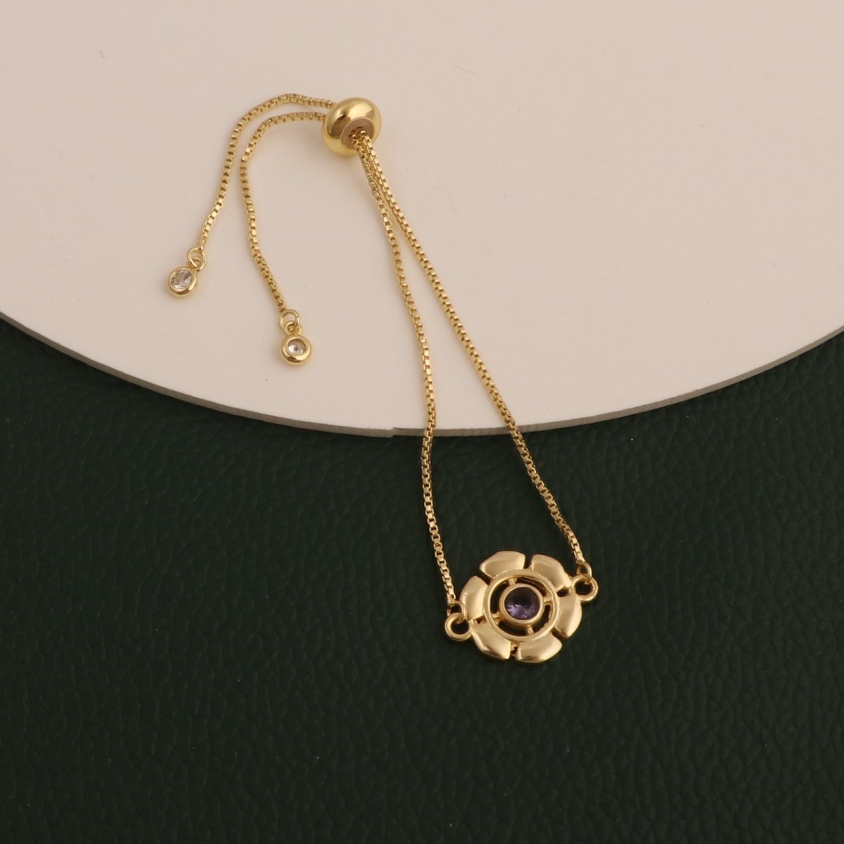 Faceted Apatite Gemstone Floral Slider Bracelet, Gold - Plated Brass Adjustable Chain 5092