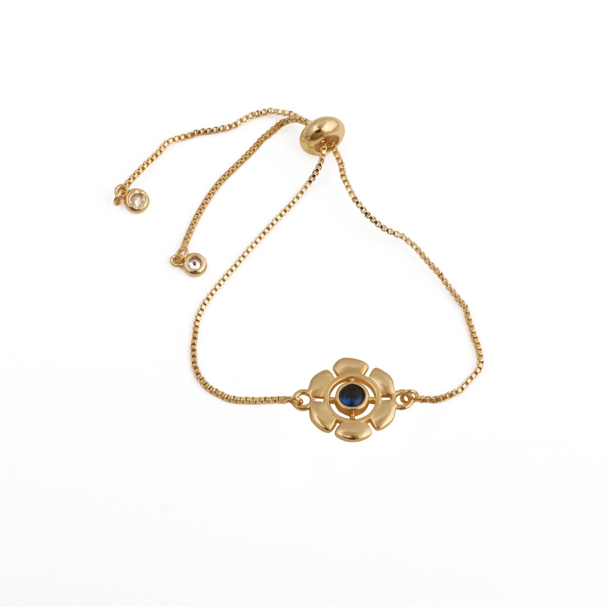 Faceted Apatite Gemstone Floral Slider Bracelet, Gold - Plated Brass Adjustable Chain 5092